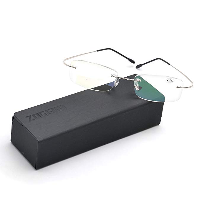 ZUVGEES Lightweight Titanium Stainless Steel Rimless Reading Glasses with Anti Blue Light Lenses Z807