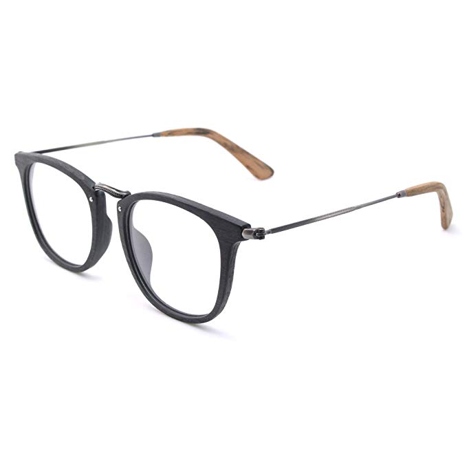 TIJN Retro Wood Round Eyeglasses Frame Faux Wooden Glasses