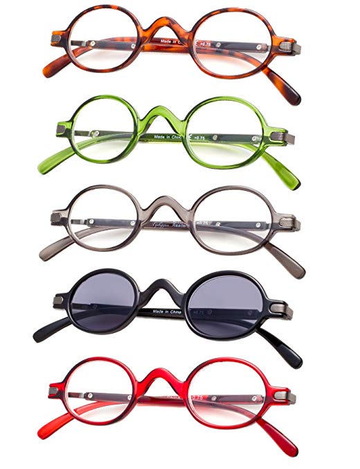 5-pack Mini Oval Round Reading Glasses with Spring Temple include Sun Readers