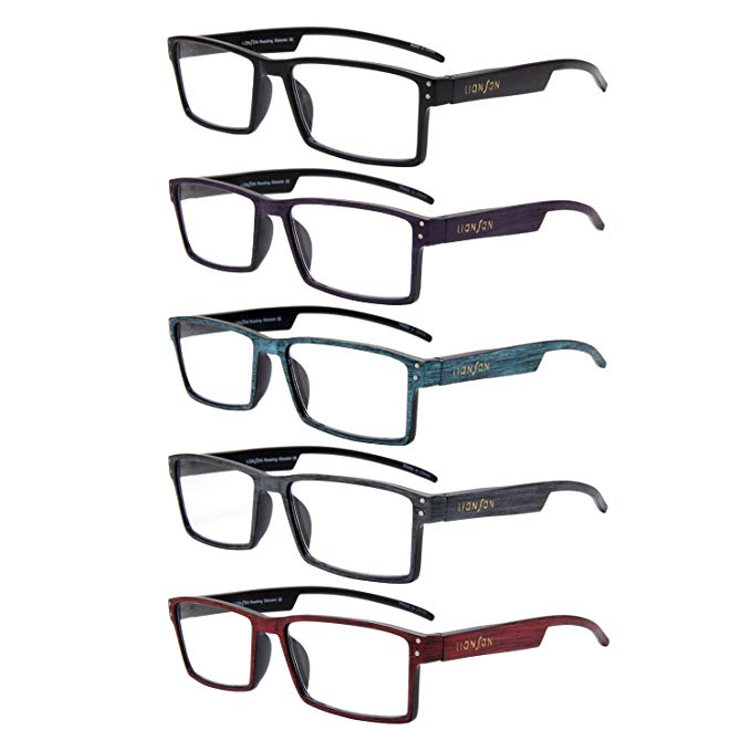 LianSan Reading Glasses 5 Pack Spring Hinge Quality Fashion Wood-Look Printed Arms Men and Women Unisex Glasses L3719