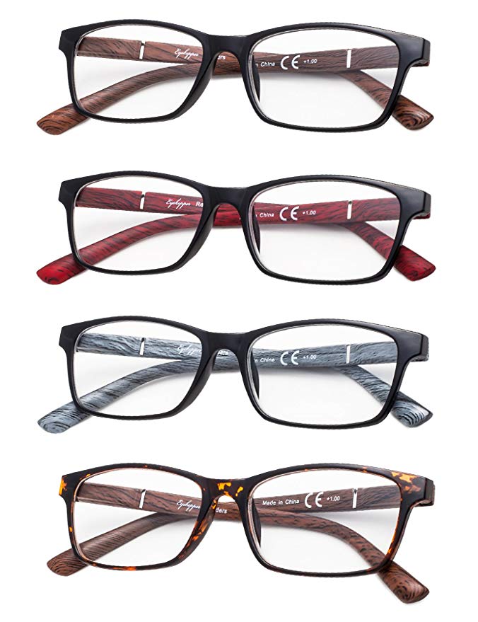 4-Pack Wood-Look Arms Reading Glasses with Spring Hinges