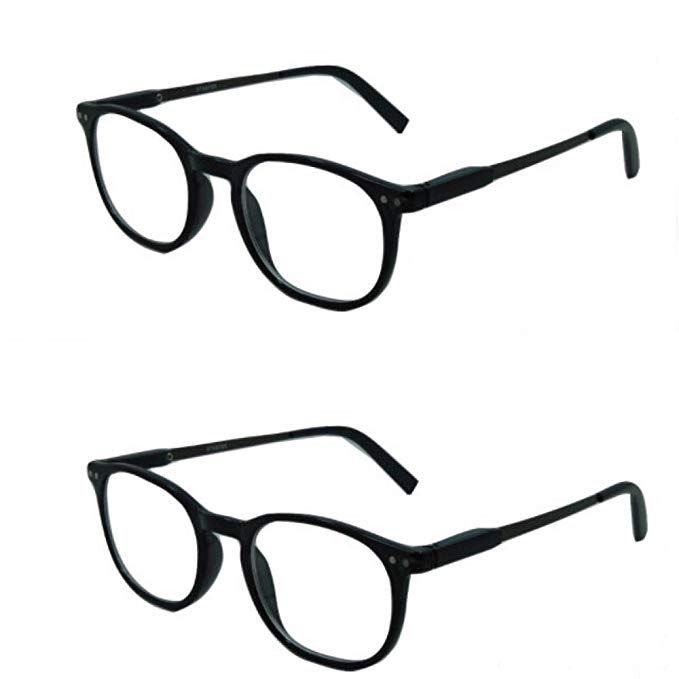 2 Pairs Stylish Classic Look Spring Hinged Clear Reading Glasses - Hard Case Included